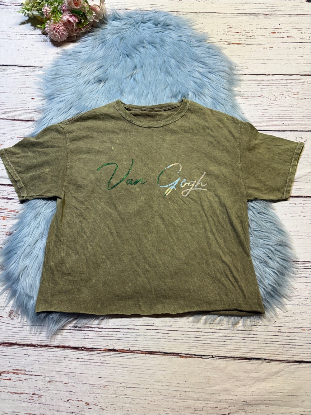 Isaac Morris Van Gogh Olive Green Acid Wash Cut Off Graphic Tee sz M